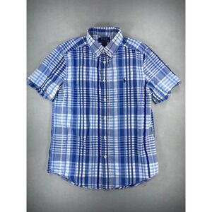 Polo Ralph Lauren Boys Blue Plaid Short Sleeve Seersucker Button Down L‎ 14-16